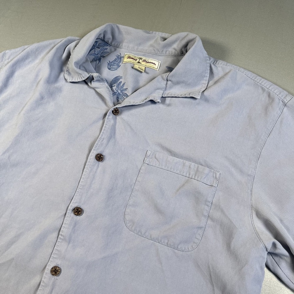 Tommy Bahama Shirt Mens Large‎ Blue Silk Button Up Short Sleeve Pocket Casual